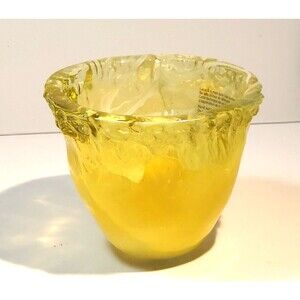 MARBLED SWIRL GLASS SPAIN HAND APPLIED COLD PAINT VOTIVE HOLDER 4" YELLOW WHITE